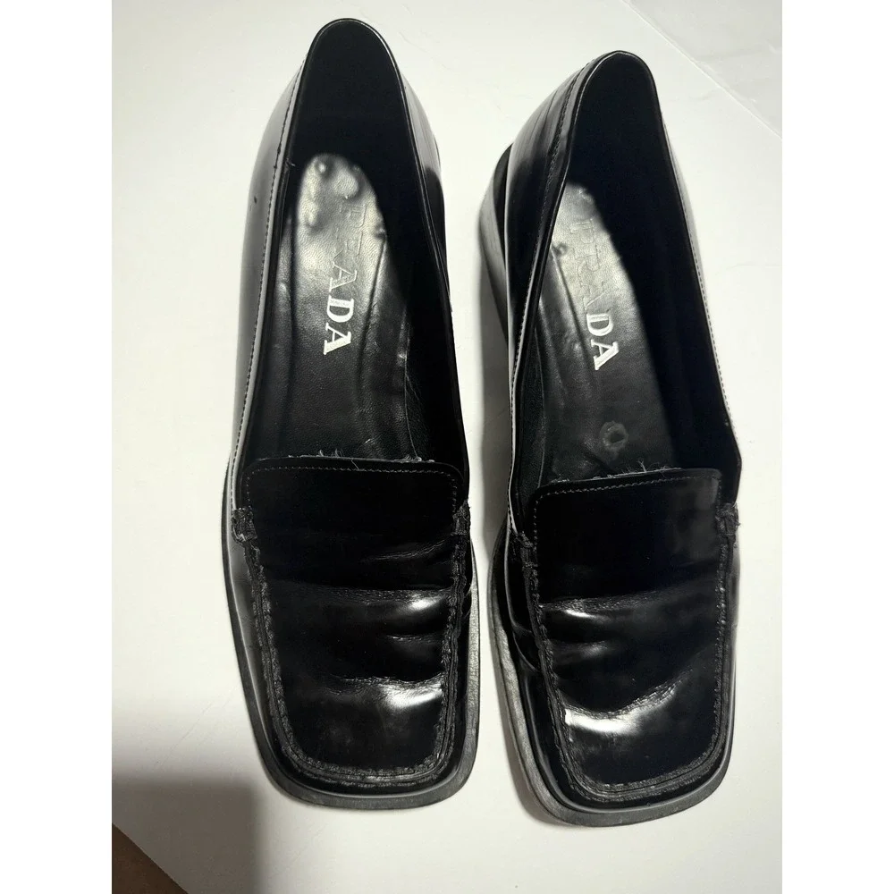 PRADA Square-Toe Loafer Casual Pumps Block Heel Black Size 6.5 - Picture 4 of 7